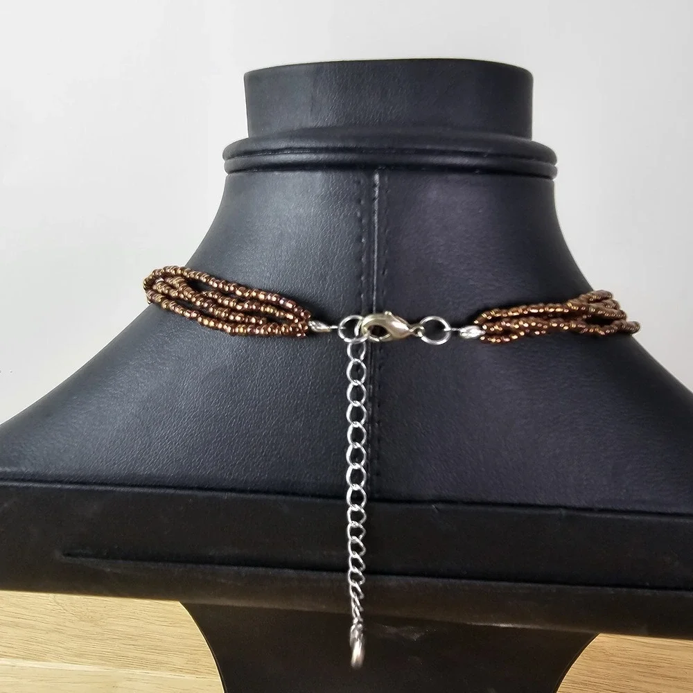 Artisian Glass Leaf Pendant Green Swirl Shimmer Brown‎ Beaded Necklace Bohemian
